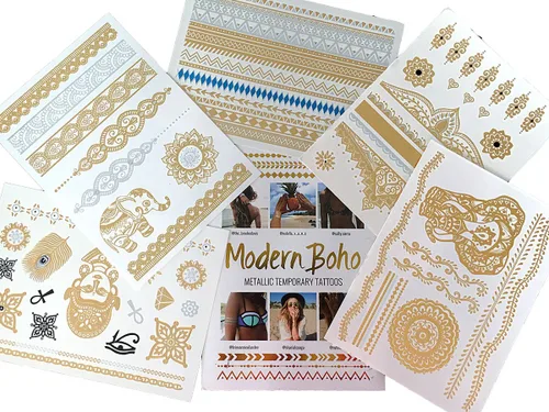 5 hojas de tatuajes metálicos de oro y plata flash de Modern Boho, enorme colección Colección Namaste