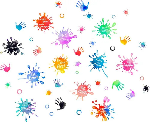 Miniatura 2 de PLIGREAT 3 hojas coloridas de huellas de manos salpicadas de pintura, citas inspiradoras, calcomanías de pared extraíbles de vinilo para despegar