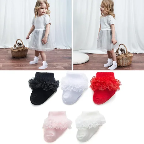 Miniatura 2 de Calcetines para bebé niña con ojales, calcetines de encaje triple con volantes, calcetines con puño retorcido, 2/3/5 pares, calcetines de tobillo
