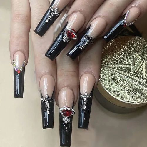 Miniatura 24 de MISUD Uñas postizas a presión – Uñas postizas largas con punta francesa negra, diseño de diamantes de imitación verde acrílico, 24 piezas 01702verde