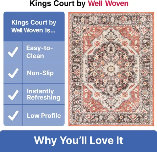 Miniatura 5 de Well Woven Kings Court Zazzu - Alfombra de área con parte trasera de goma antideslizante con medallón oriental de 5 x 7 pies, apta para niños