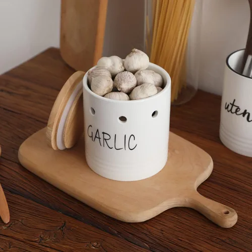 Miniatura 5 de Contenedor de ajo de cerámica con tapa de madera, contenedor de ajo para mostrador, fácil de limpiar, ahorra ajo para mantener tus dientes de ajo
