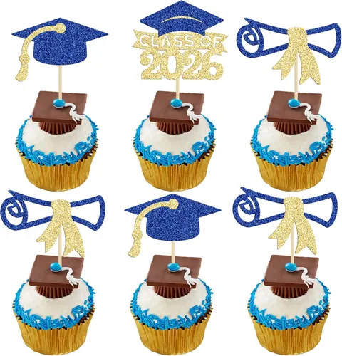 Miniatura 25 de Gyufise 24 piezas Adornos para pastel de graduación 2026 con purpurina negra, clase de 2026, adornos para magdalenas con gorra de graduación