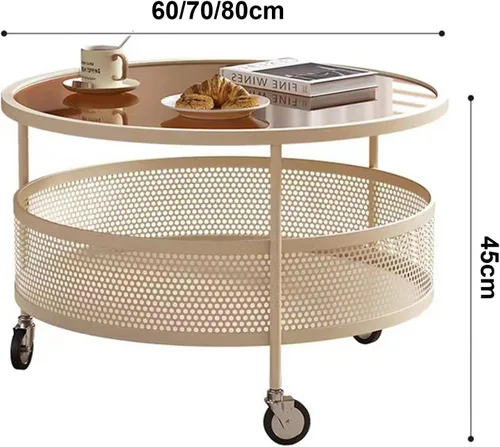 Miniatura 2 de Mesa de centro de cristal con ruedas giratorias, mesa de té redonda de 2 niveles con cesta de almacenamiento hueca de hierro, moderna mesa central