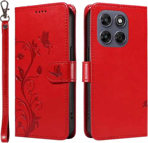 Miniatura 161 de Funda para Motorola Moto E22/E22i, piel sintética, con tarjetero y correa para la muñeca, a prueba de golpes, funda magnética para Motorola Moto Rojo