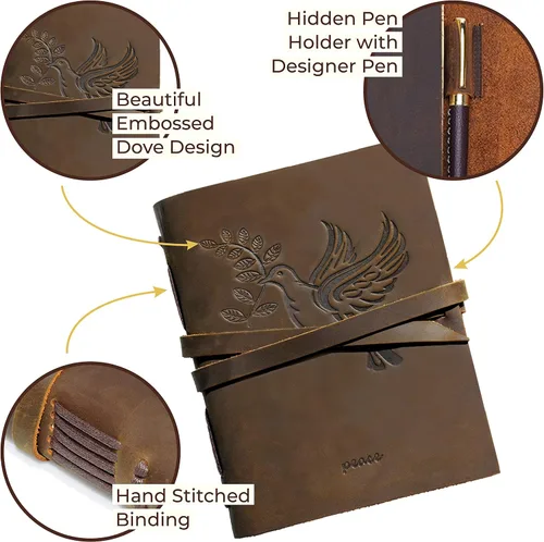 Miniatura 3 de Sovereign-Gear Diario encuadernado en cuero para hombres y mujeres, juego de regalo hecho a mano con diario en relieve de paloma y bolígrafo