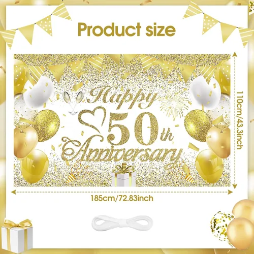 Miniatura 2 de Cartel de decoración del 50º aniversario de boda, pancarta de oro blanco con el texto en inglés "Happy 50th Anniversary" para mujeres y hombres