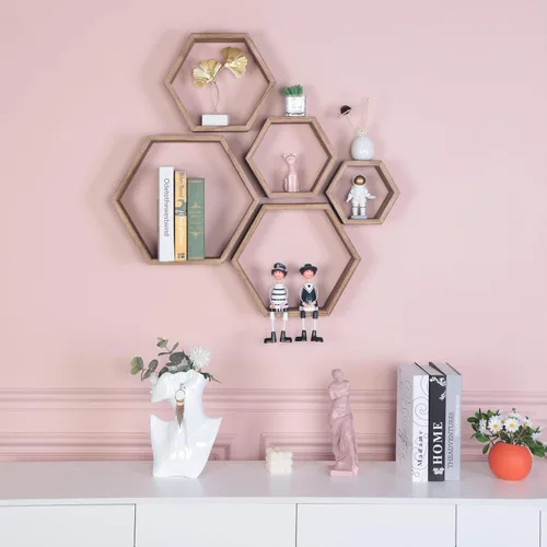 Miniatura 3 de PHOENANCEE Estantes flotantes hexagonales, juego de 5 estantes octágonos montados en la pared, cubo de almacenamiento de madera para baño, cocina