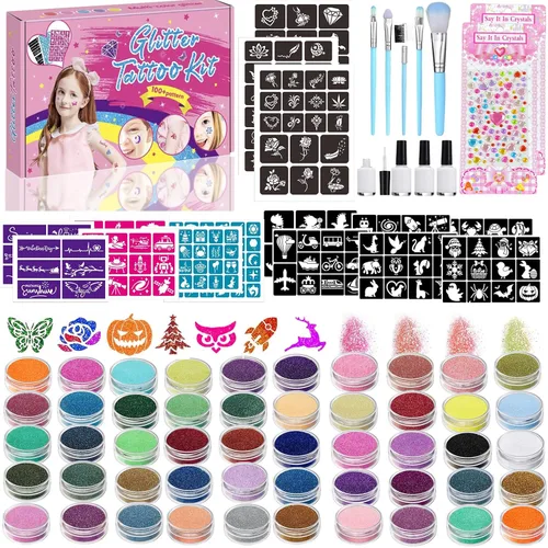 Miniatura 10 de TEUVO Kit de tatuaje con purpurina para niños con 50 colores, 177 plantillas, 25 calcomanías de patrones mixtos (colores/luminosos), 2 calcomanías