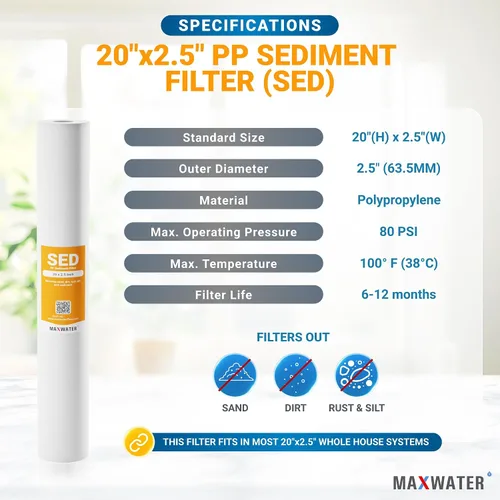 Miniatura 3 de Max Water Slim Blue - Cartucho de repuesto para filtro de agua de sedimentos de polipropileno fundido de 5 micrones, 20 x 2.5 pulgadas, para toda