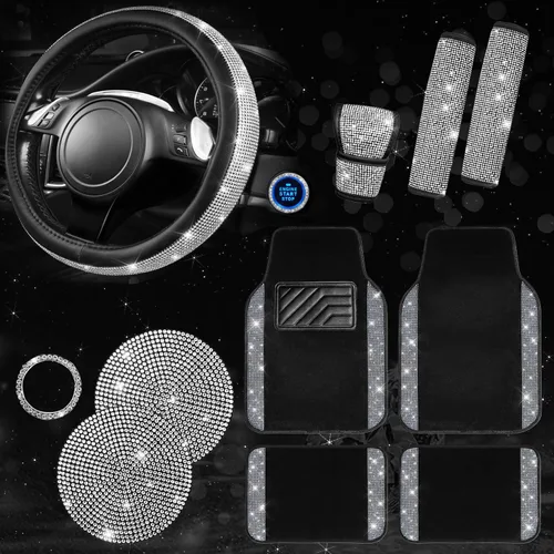 Miniatura 14 de CAR PASS Juego de fundas de asiento de coche con diamantes brillantes de 11 piezas, accesorios de coche con diamantes brillantes para mujer, funda
