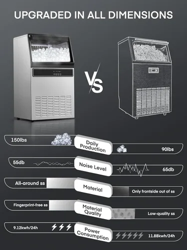 Miniatura 9 de Máquina de hielo comercial de 150 libras por día, carcasa de acero inoxidable bajo mostrador con capacidad de almacenamiento de 33 libras, máquina