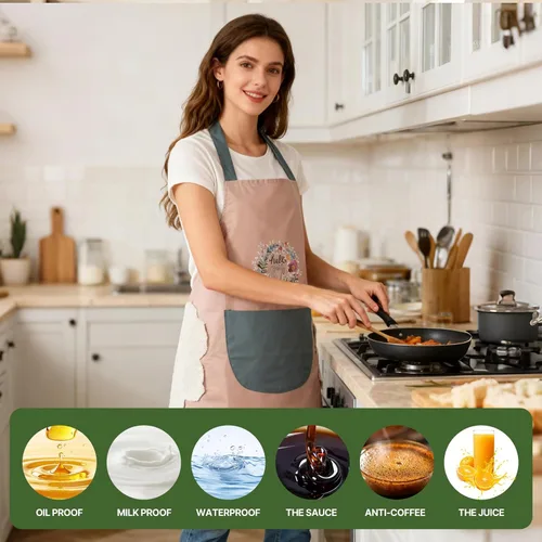Miniatura 2 de DILLMAN Delantal de cocina para mujer con bolsillos para limpiar las manos, bolsillo grande, limpieza a mano, impermeable para cocinar y hornear Rosa