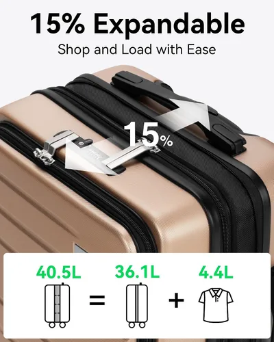 Miniatura 6 de LUGGEX Maleta de mano con bolsillo frontal, maleta rígida de policarbonato expandible con puerto USB, Champán, Equipaje de mano