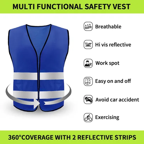 Miniatura 2 de Chaleco de seguridad, chaleco reflectante de alta visibilidad para hombres, trabajo, ciclismo, corredor, topógrafo, voluntario, carretera Azul
