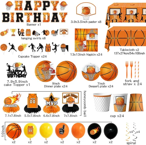 Miniatura 6 de Decoraciones de fiesta de baloncesto, 206 decoraciones de cumpleaños de baloncesto incluyen platos y servilletas, vasos, mantel, pancarta, remolinos