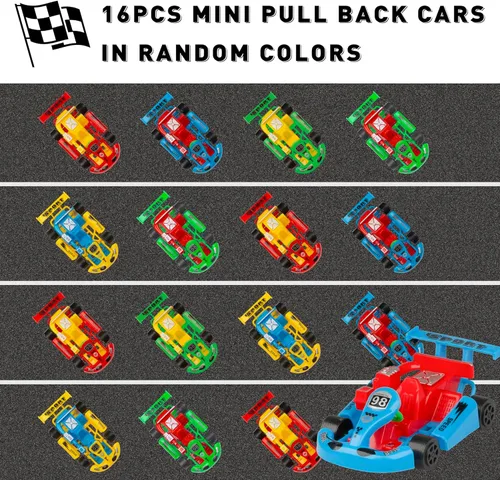 Miniatura 4 de PROLOSO 16 unidades de mini Go Karts para enrollar autos surtidos pequeños con tracción hacia atrás, autos de fricción, regalos de fiesta temática
