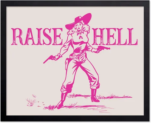Miniatura 65 de Poster Master Póster retro de vaquera rosa con texto en inglés "Raise Hell", diseño de pared occidental, regalo para hombres y mujeres, decoración