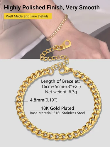 Miniatura 5 de PROSTEEL Pulsera de acero inoxidable para hombres y mujeres, elegantes pulseras de eslabones cubanos, chapado en oro negro de 18 quilates, ancho