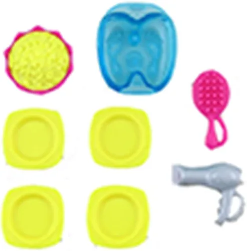 Mattel Baño de pies de repuesto tamaño Barbie, cepillo y secador de pelo, palomitas de maíz en tazón y 4 platos para juego de casa de muñecas Barbie