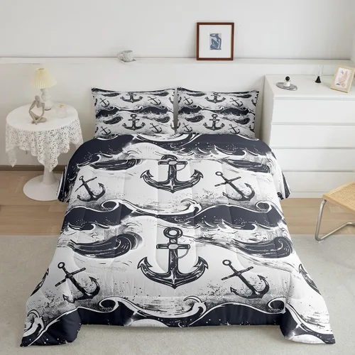 Miniatura 36 de Erosebridal Juego de edredón de ballena náutica, tamaño individual, juego de ropa de cama vintage azul con ondas oceánicas para niños y niñas
