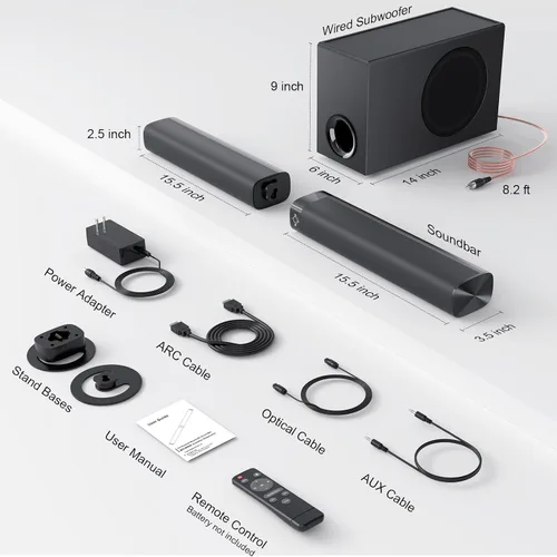 Miniatura 8 de Barra de sonido con subwoofer, barra de sonido de 110 W con graves profundos ajustables y 3 modos de ecualización, conexión Bluetooth/ARC/Opt/AUX