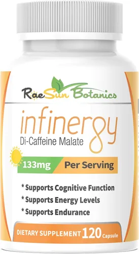 Infinergy Di-Cafeína Malate 133mg Cápsulas 120ct para energía, pastillas de cafeína de liberación sostenida, larga duración, enfoque y concentración