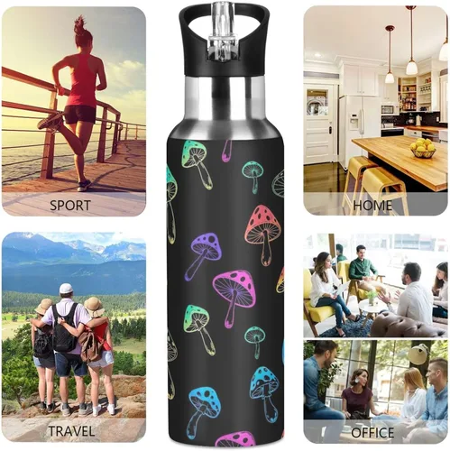 Miniatura 5 de Insulated Water Bottle 20 Oz, Leakproof Water Bottles for Gym Outdoor Travel School, Vibrant Mushrooms Black