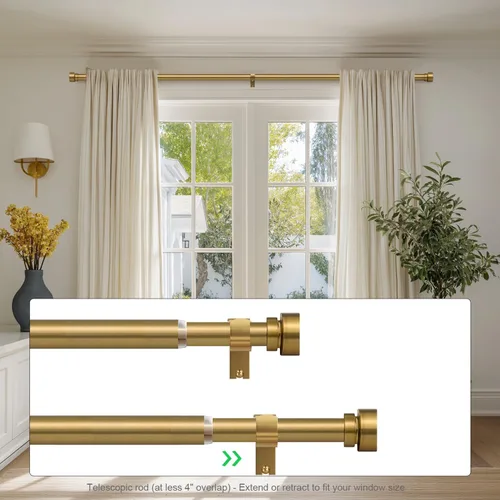 Miniatura 4 de Lootkell Juego de 2 barras de cortina de latón dorado para ventanas de 66 a 120, resistentes de 1 pulgada de diámetro, ajustables, con remates