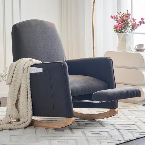 Miniatura 8 de Mecedora moderna para guardería, cómoda silla de guardería con reposapiés, mecedora tapizada con bolsillo, sillón de lectura con base de madera