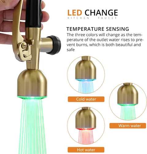 Miniatura 2 de Fapully Grifo de cocina de una sola manija con arco alto, dorado cepillado, extraíble con LED, grifos de fregadero de cocina de una sola palanca