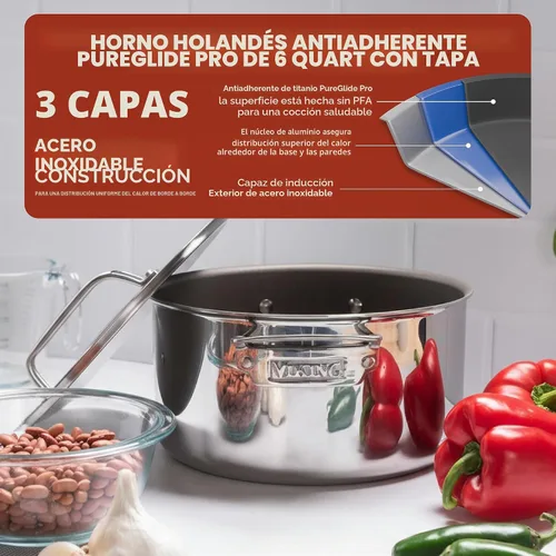 Miniatura 2 de Viking PureGlide Pro - Horno holandés antiadherente de 3 capas con tapa, fabricado sin PFAS, olla de inducción de 6 cuartos de galón, superficie