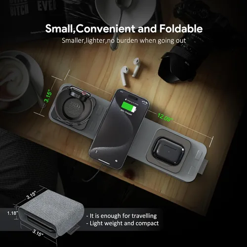 Miniatura 5 de Cargador de viaje inalámbrico 3 en 1 para iPhone, Airpods, Apple Watch - 15 W, 5 W, 2.5 W, para reloj de teléfono inteligente, compacto, plegable