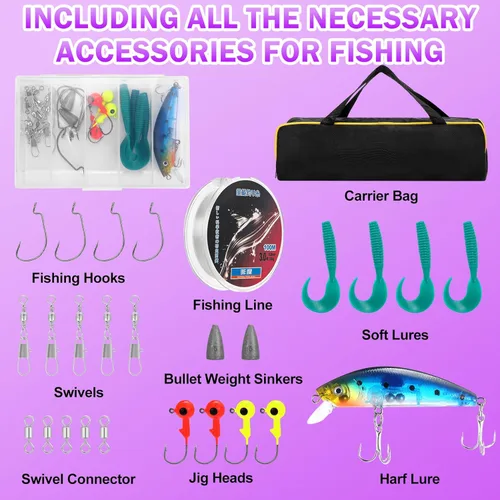 Miniatura 4 de Combos de caña de pescar y carrete, kit de caña de pescar telescópica de fibra de carbono con carrete giratorio, línea de pesca, señuelos de pesca