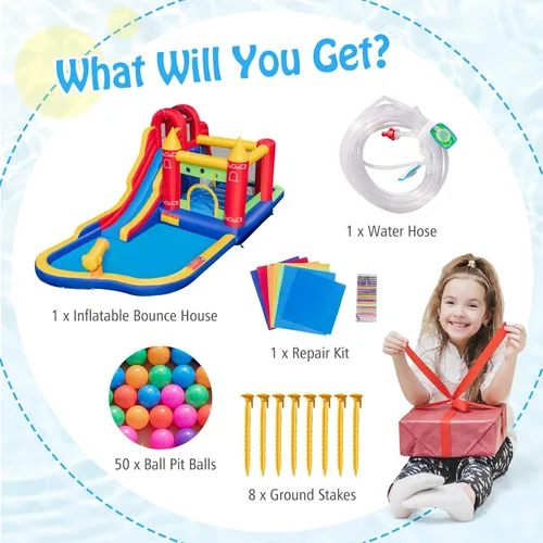 Miniatura 5 de HONEY JOY Tobogán acuático inflable, casa de rebote de tobogán acuático 9 en 1 con piscina de salpicaduras, tobogán largo, pozo de bolas con 50