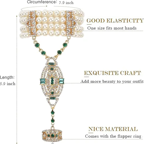 Miniatura 2 de Metme 1920s Flapper Pulsera Anillo Set Gatsby Accesorios Imitación Perla Cristal Pulsera Anillo Ajustable