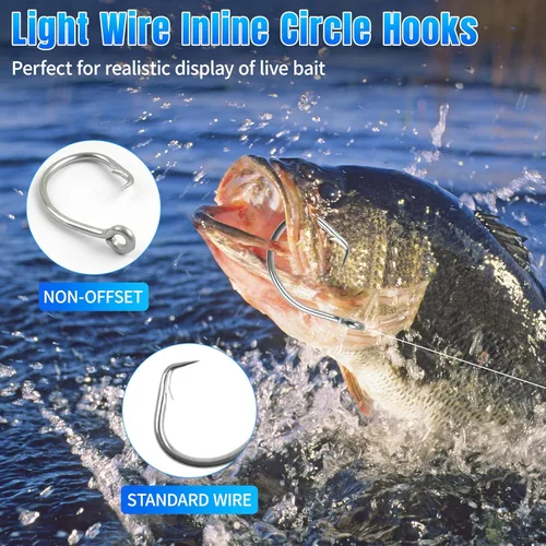 Miniatura 6 de Ganchos circulares de pesca de agua salada, 20 ganchos circulares en línea de acero inoxidable, 2 ganchos grandes extra fuertes, ganchos circulares