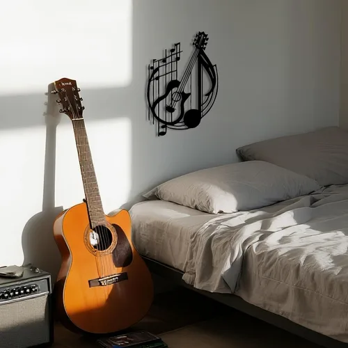 Miniatura 7 de YATEASLU Arte de pared de guitarra, decoración de guitarra, decoración de notas musicales de metal para el hogar, regalo único de arte de pared