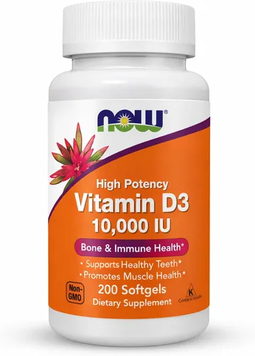 NOW Foods Suplementos, Vitamina D-3 10,000 UI, Máxima Potencia, Soporte Estructural*, 200 Cápsulas Blandas