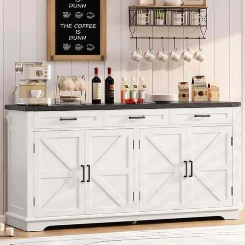 Miniatura 3 de usikey Aparador grande de 61 pulgadas con 4 puertas y 3 cajones, mesa de buffet de granja, armario de almacenamiento de comedor para cocina o sala