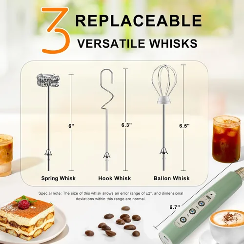 Miniatura 4 de YUSWKO - Espumador de leche recargable de mano con 3 cabezas, mezclador de bebidas con 3 velocidades ajustables para latte, cappuccino, chocolate