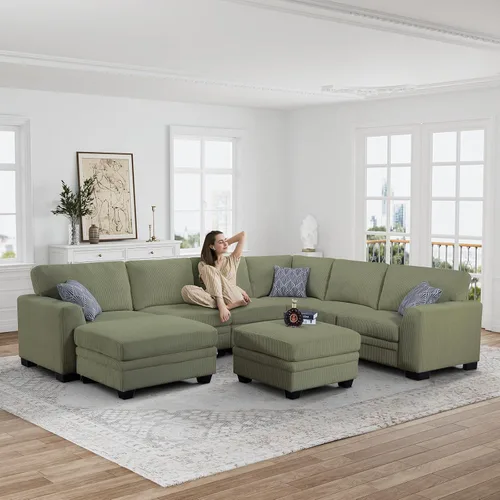 Miniatura 58 de Legend Vansen Sofá Seccional Modular de Gran Tamaño, Sofá en Forma de U de 7 Asientos con Otomana, Sofá de Pana con Asiento Profundo, Sofás Crema
