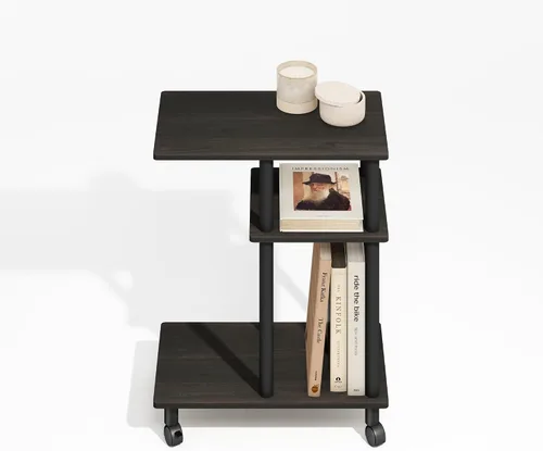 Miniatura 4 de Furinno Turn-N-Tube - Mesa auxiliar en forma de C de 3 niveles con ruedas, mesa de noche de montaje sin herramientas, mesita de noche con estante