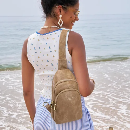 Miniatura 2 de Bolso cruzado pequeño, riñonera para mujeres y hombres, bolso bandolera de cuero para regalos, Estilo 5, color caqui.