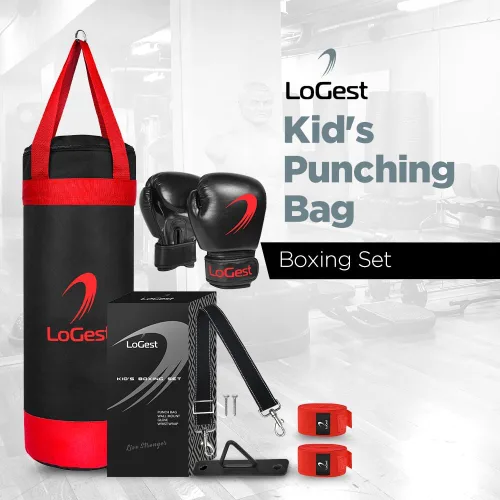 Miniatura 8 de LoGest Juego de saco de boxeo para niños, adecuado para sacos de boxeo para niños de 3 a 8 años de edad, guantes de boxeo y vendas de mano Rojo