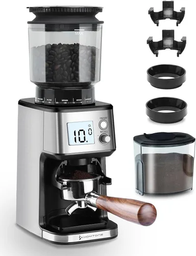 Homtone Molinillo de café expreso con rebabas cónicas – Molinillo de frijoles eléctrico continuo de 2.008 in con ajustes de molienda, temporizador
