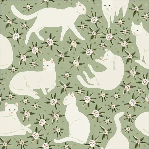 HAOKHOME Papel tapiz autoadhesivo con diseño de gatos con diseño floral, color verde salvia, crema, decoración del hogar, cocina, dormitorio, 17.7