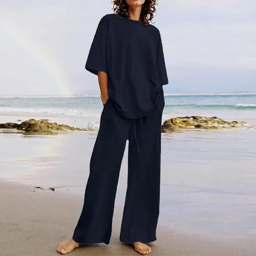 Miniatura 42 de Conjuntos de verano de 2 piezas para mujer, conjuntos elegantes y casuales de color liso, para verano, otoño, cuello redondo, tops y pantalones