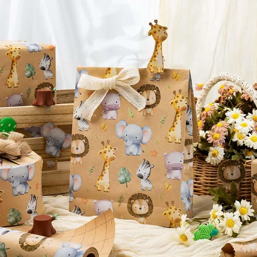 Miniatura 4 de Burymento Papel de Regalo Kraft para Animales, Papel de Regalo con Diseño de Línea Auxiliar Cortada para Baby Shower, Cumpleaños, San Valentín, Día