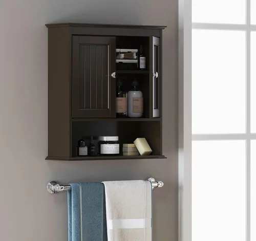 Miniatura 2 de Spirich Gabinete de baño montado en la pared, armarios colgantes de madera con puertas y estantes, botiquín sobre el inodoro, espresso